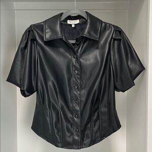 Chic Black Button-Down Faux Leather Shirt